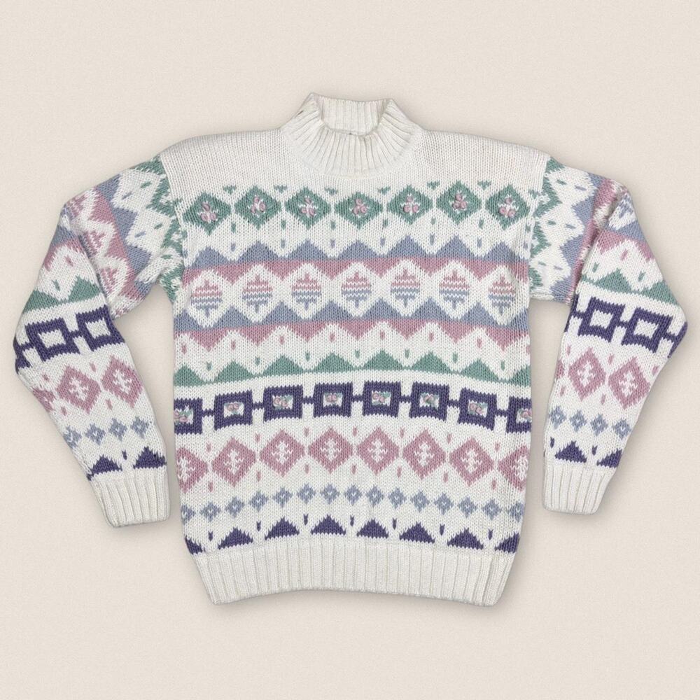 Vintage Grandma ski sweater pastel mock neck turtleneck koret Size Medium